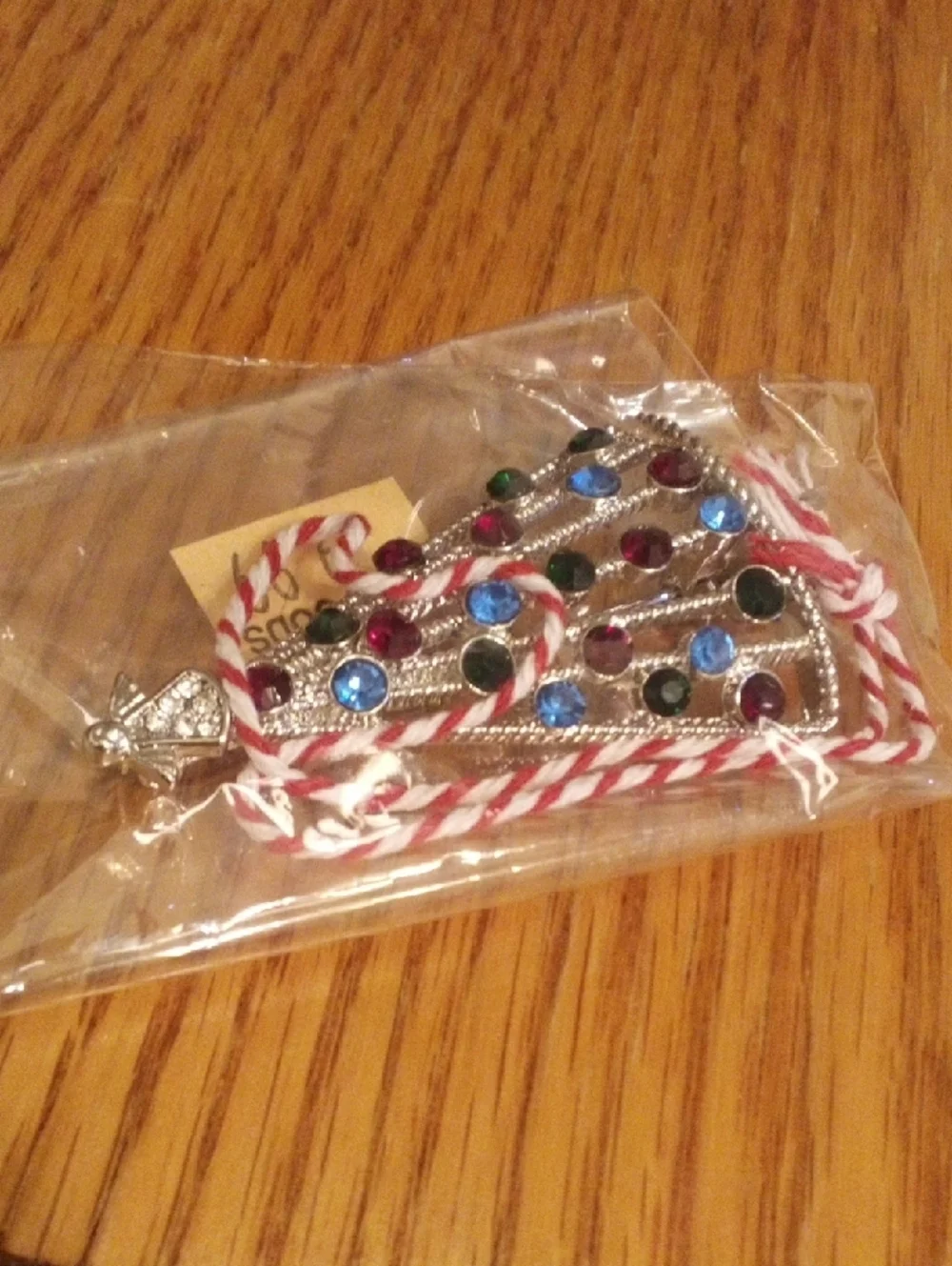 Jeweled Silver-Tone Christmas Tree Ornament with Red and White Cord